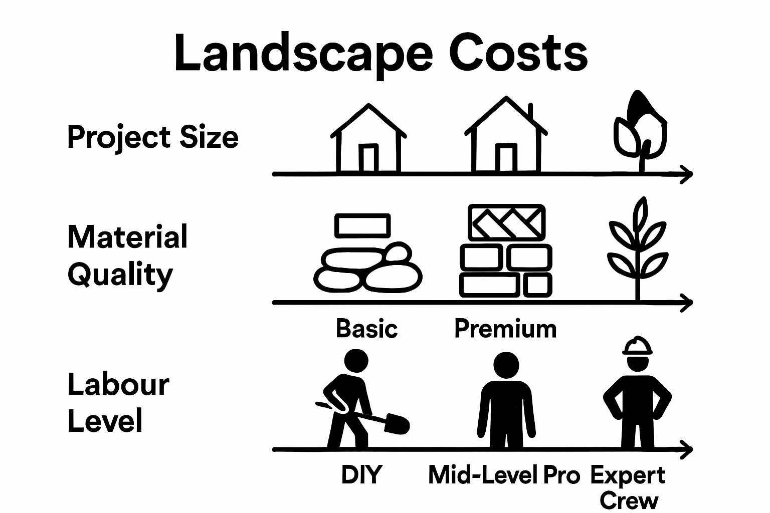 Infographic comparing yard size, material quality, and labor level for landscaping costs.