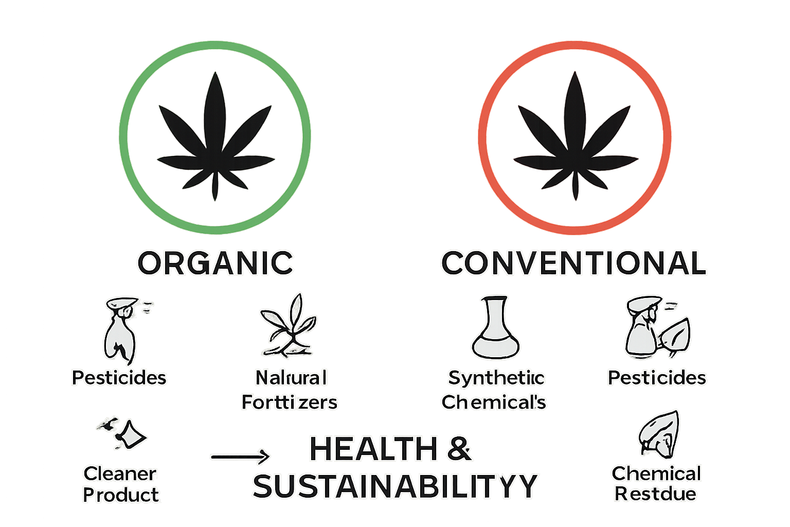 Organic vs. conventional cannabis simple benefits comparison infographic