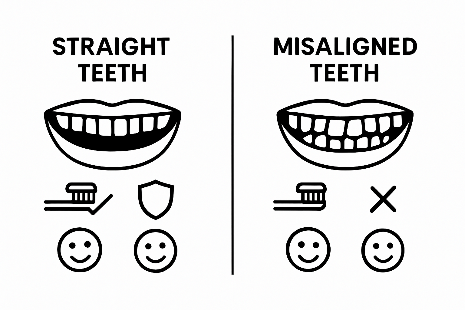 Infographic comparing cleaning ease, decay risk, and confidence for straight vs misaligned teeth
