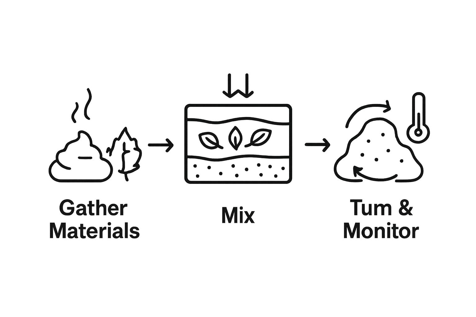 Three-step manure composting infographic with icons for gather, mix, and monitor