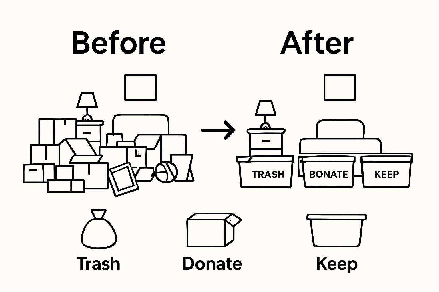 Before and after decluttering comparison with icons for keep, donate, trash