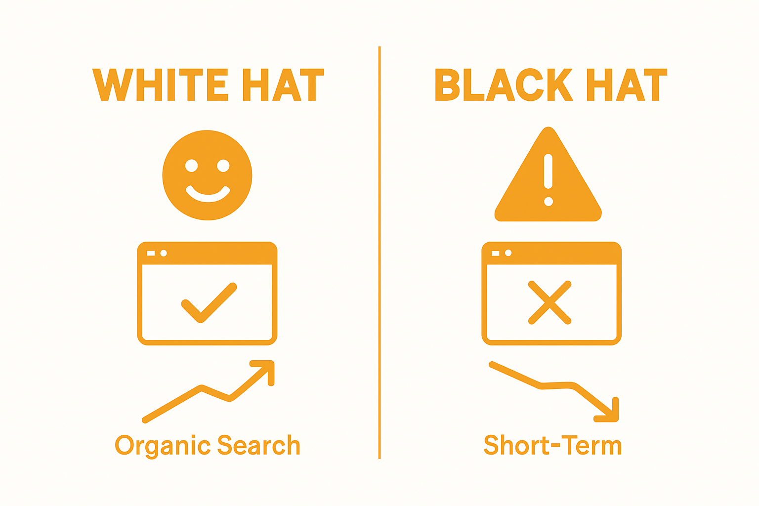 White Hat vs Black Hat SEO visual comparison with user icons, website checks, and search trends