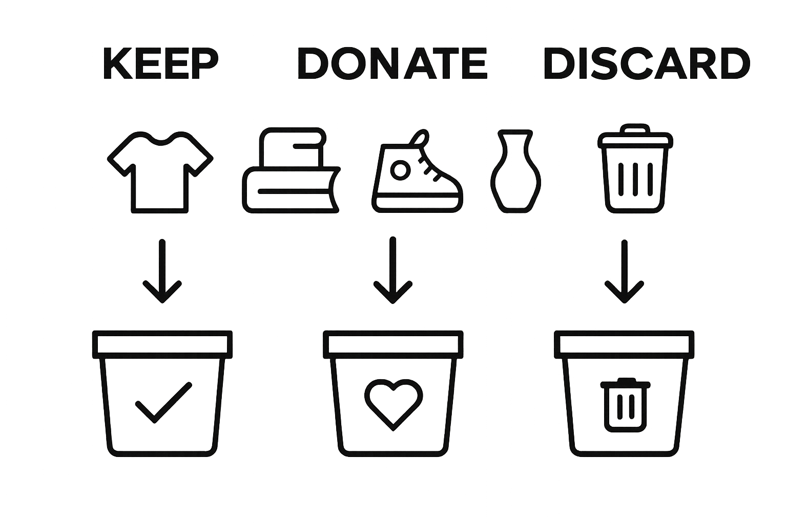 Infographic illustrating three-pile sorting: keep, donate, discard