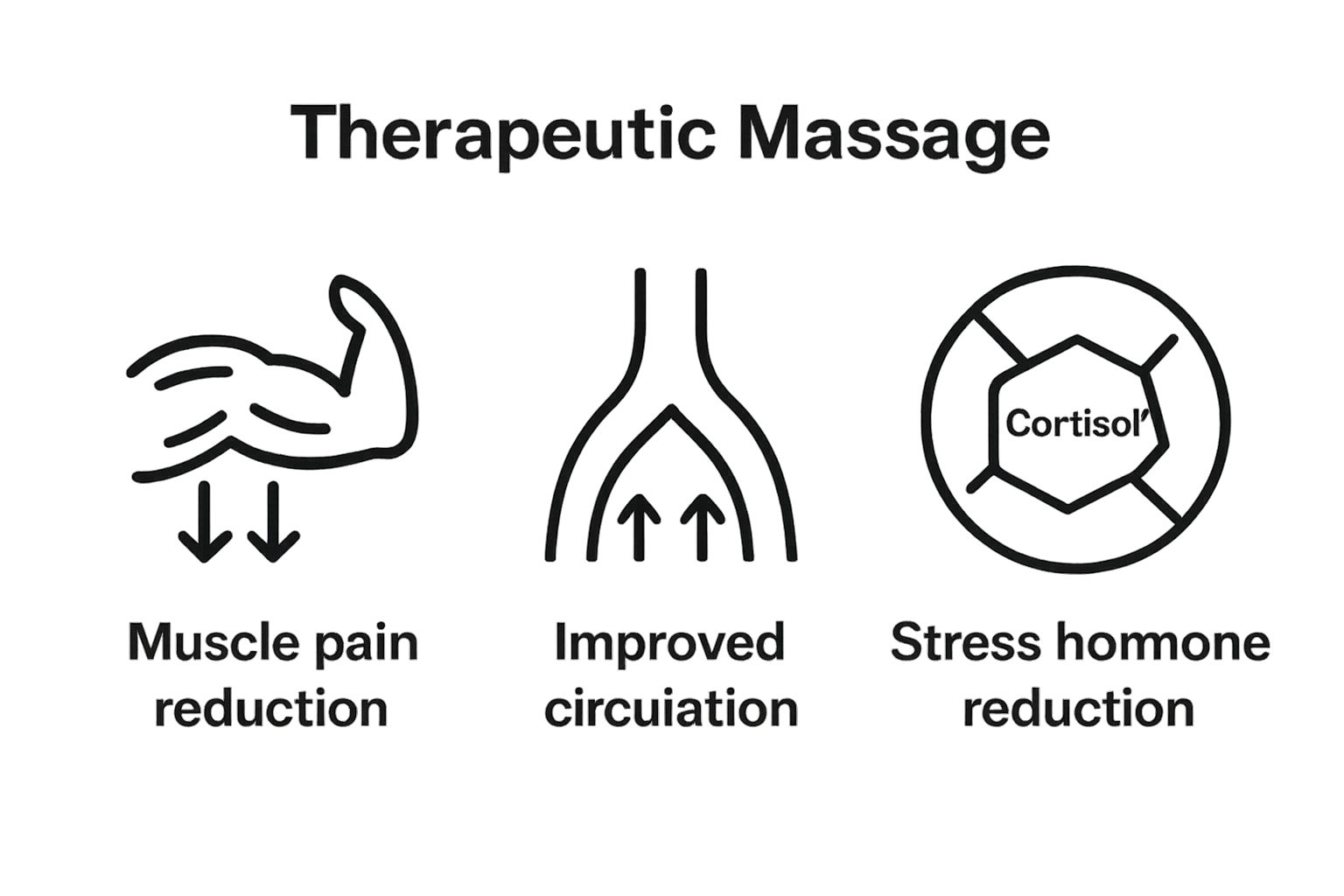 Infographic highlights 3 major benefits of therapeutic massage: pain reduction, circulation improvement, and stress reduction.