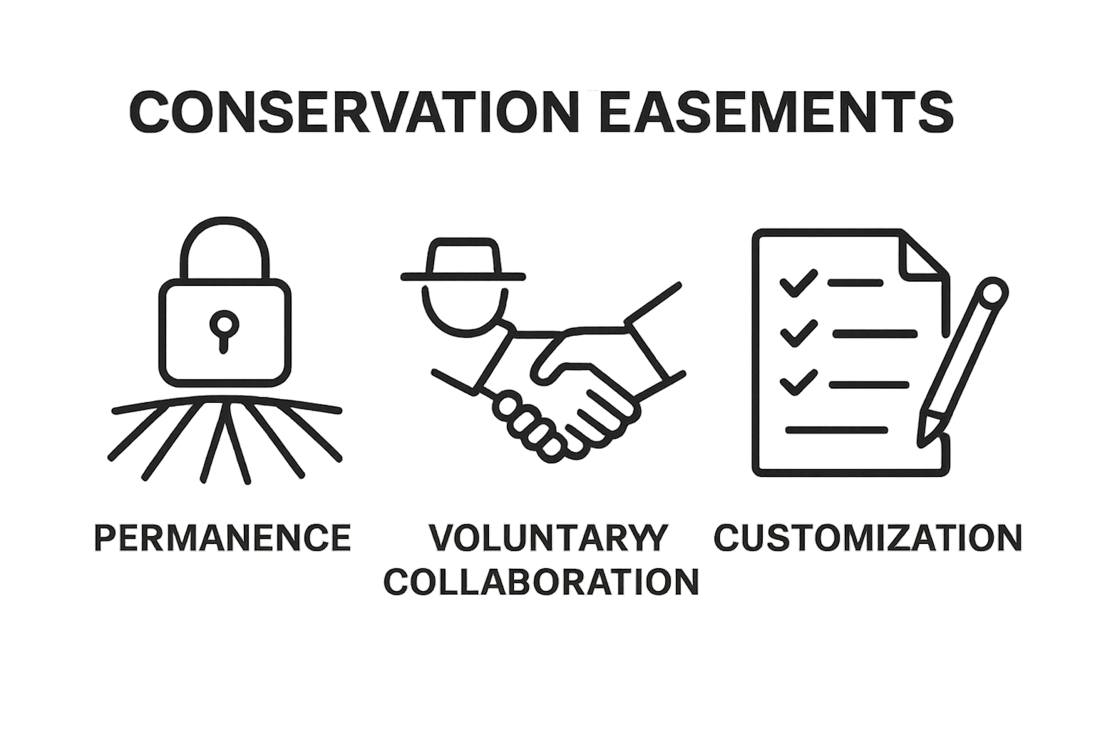 Three icons showing permanence, collaboration, customization of conservation easements