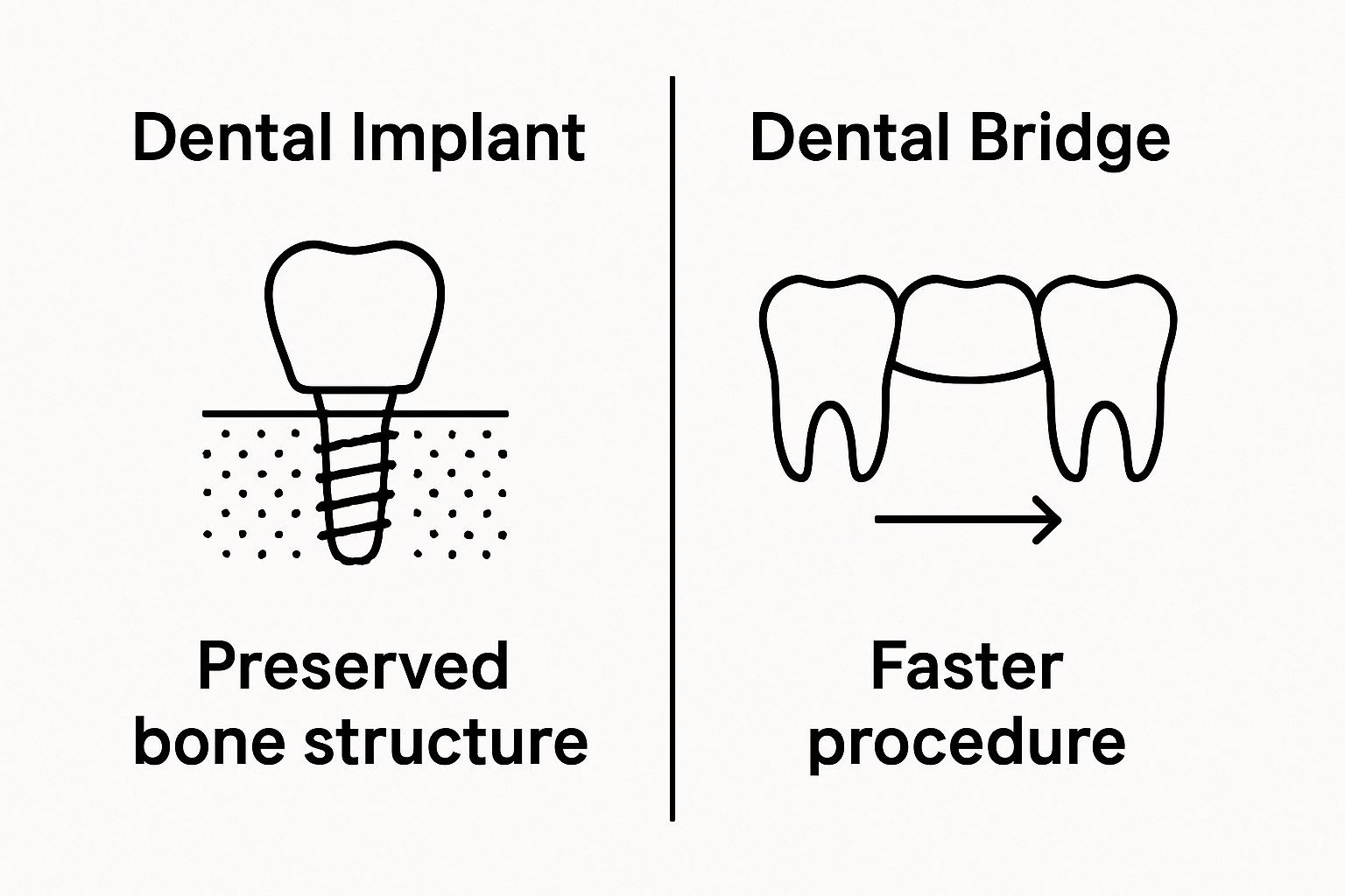 Side-by-side dental implant vs bridge visual comparison
