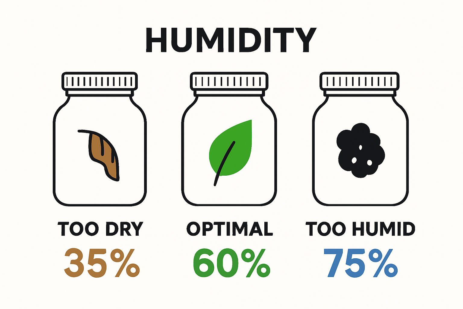 Infographic comparing three cannabis storage humidity levels
