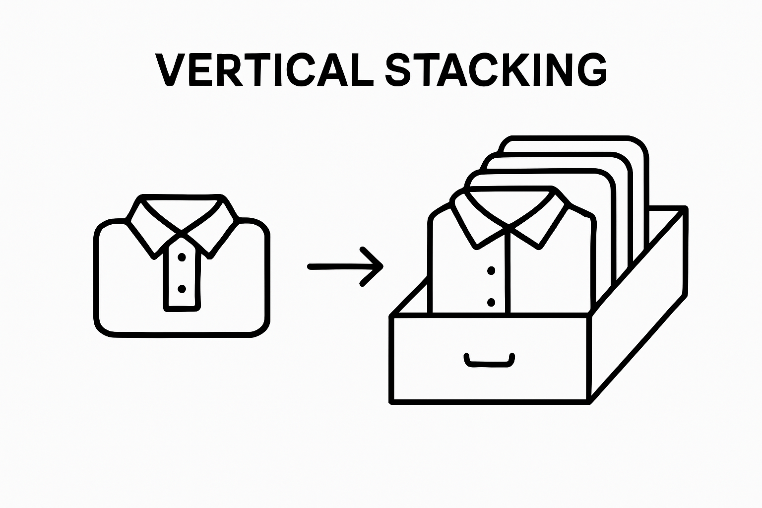 Infographic comparing vertical and horizontal clothing storage in drawers.