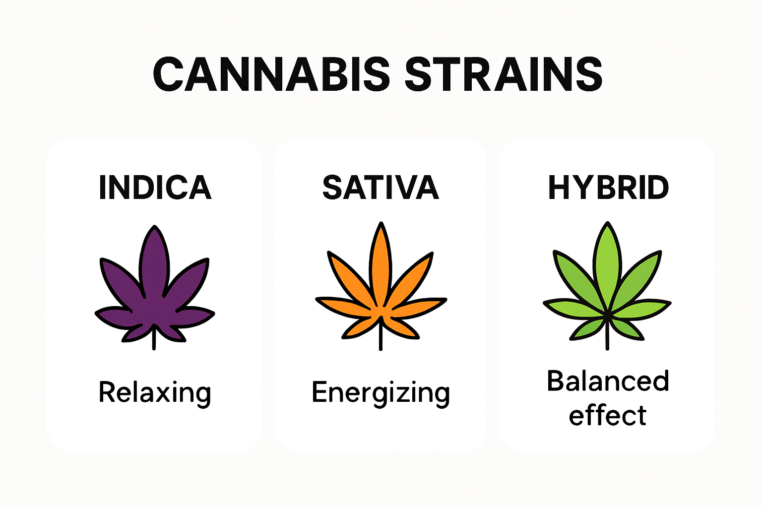 Simple infographic comparing Indica, Sativa, and Hybrid strains