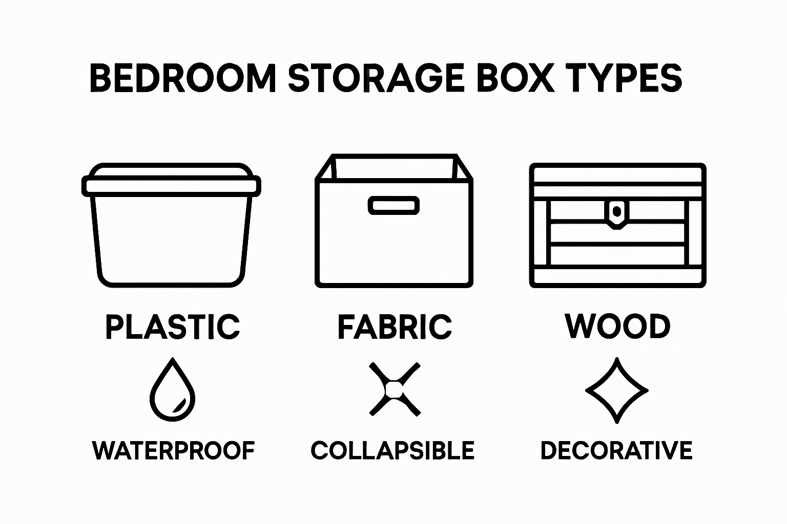 Side-by-side icons comparing box types: plastic, fabric, and wood.