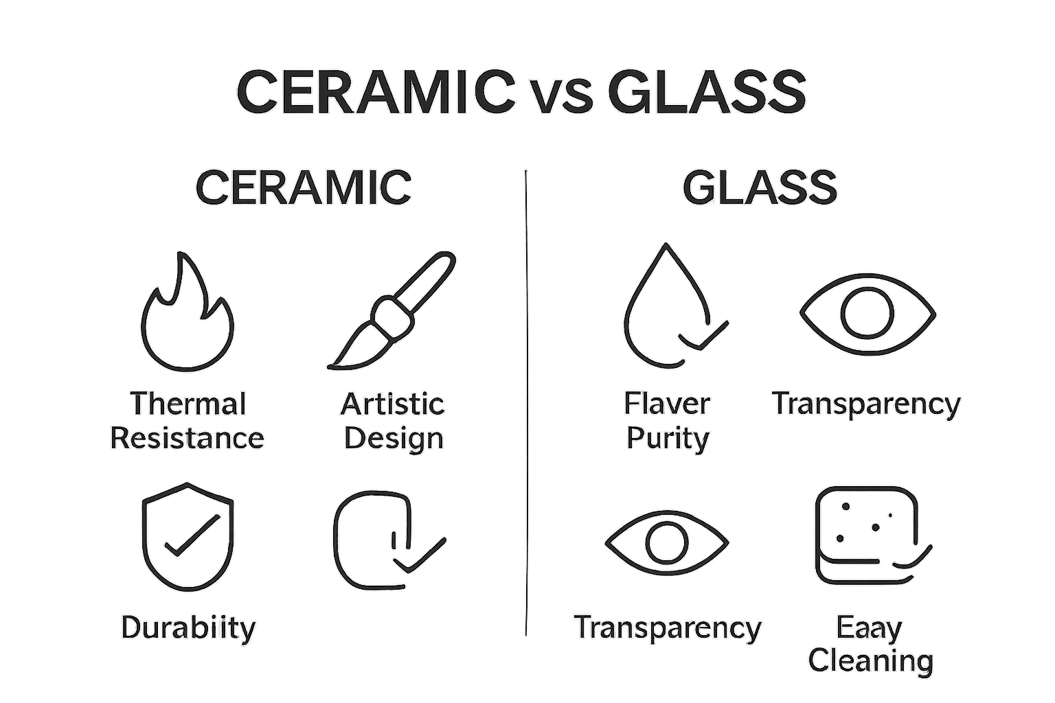 Side-by-side icons compare ceramic and glass bong features