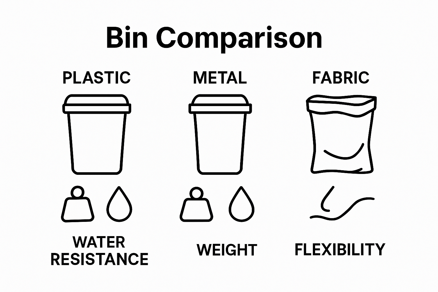 Simple comparison of plastic, metal, and fabric storage bins