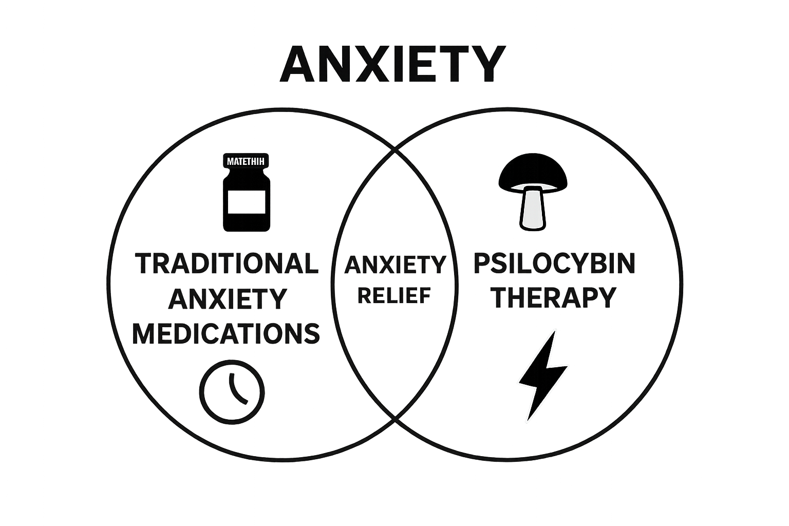 Visual Venn diagram comparing psilocybin therapy and traditional anxiety medication.