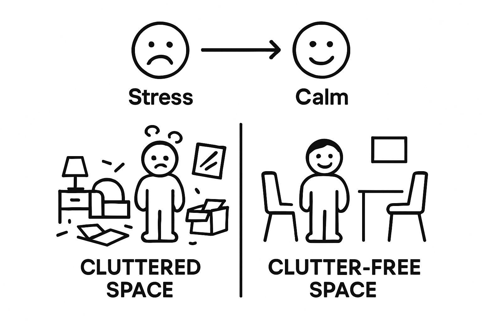 Side-by-side infographic comparing cluttered vs. clutter free rooms and their emotional impact
