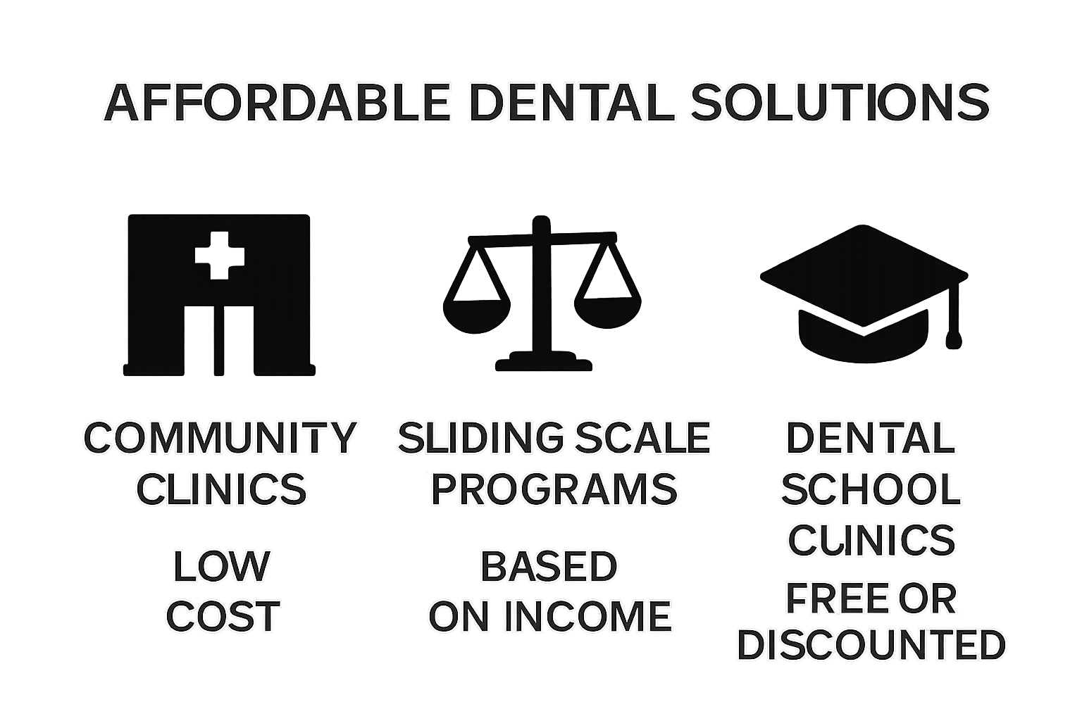 Infographic comparing affordable dental care options: community clinics, sliding scale programs, dental schools.
