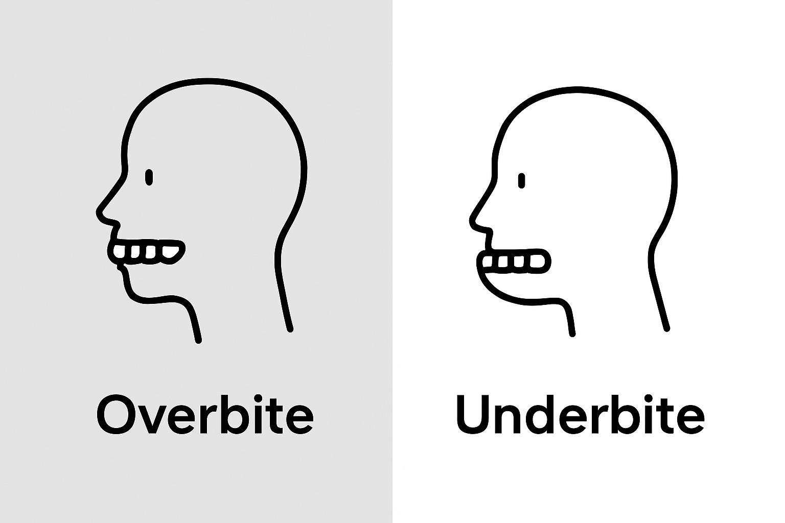 Side-by-side visual of overbite versus underbite jaw alignment