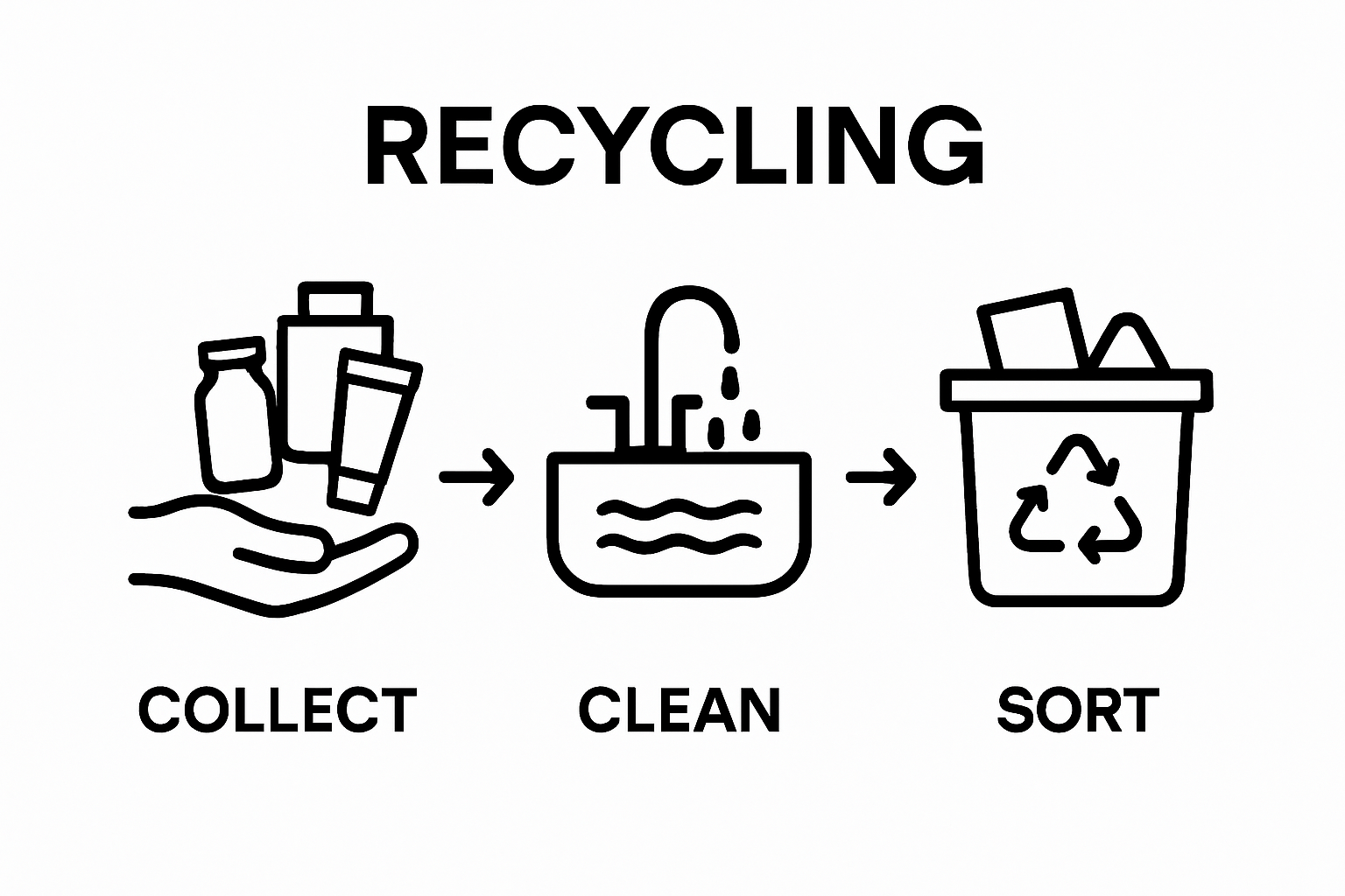 Three-step cannabis packaging recycling infographic: collect, clean, sort.