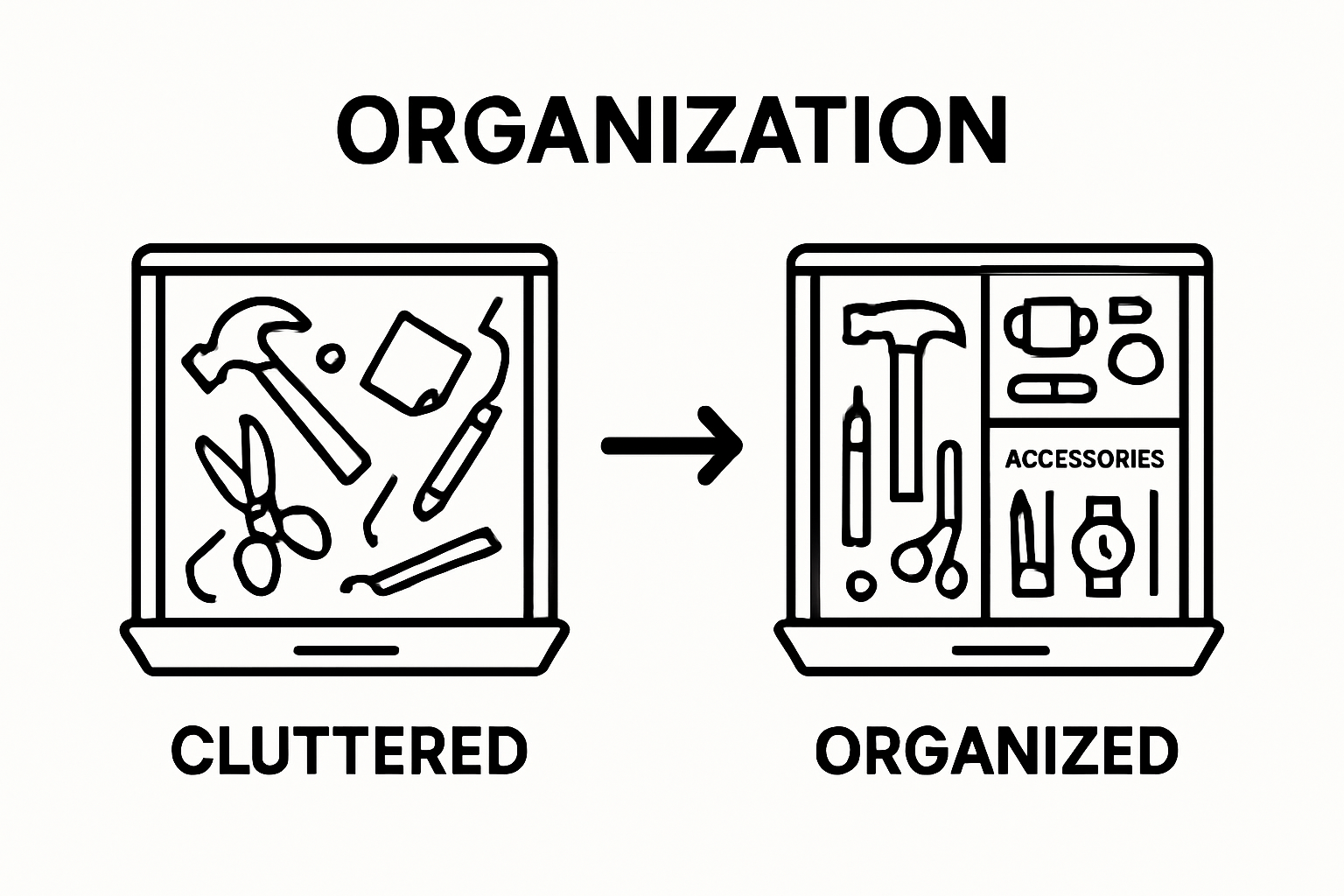 Side-by-side comparison of cluttered versus organized junk drawers