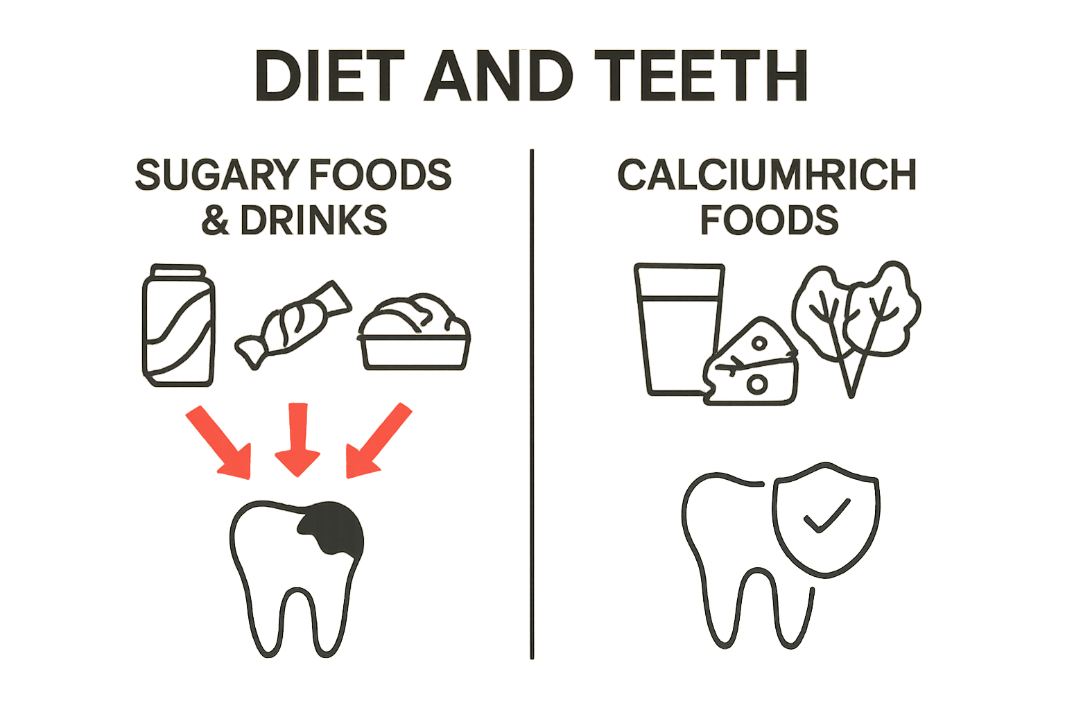 Infographic comparing effects of sugary vs calcium-rich foods on teeth