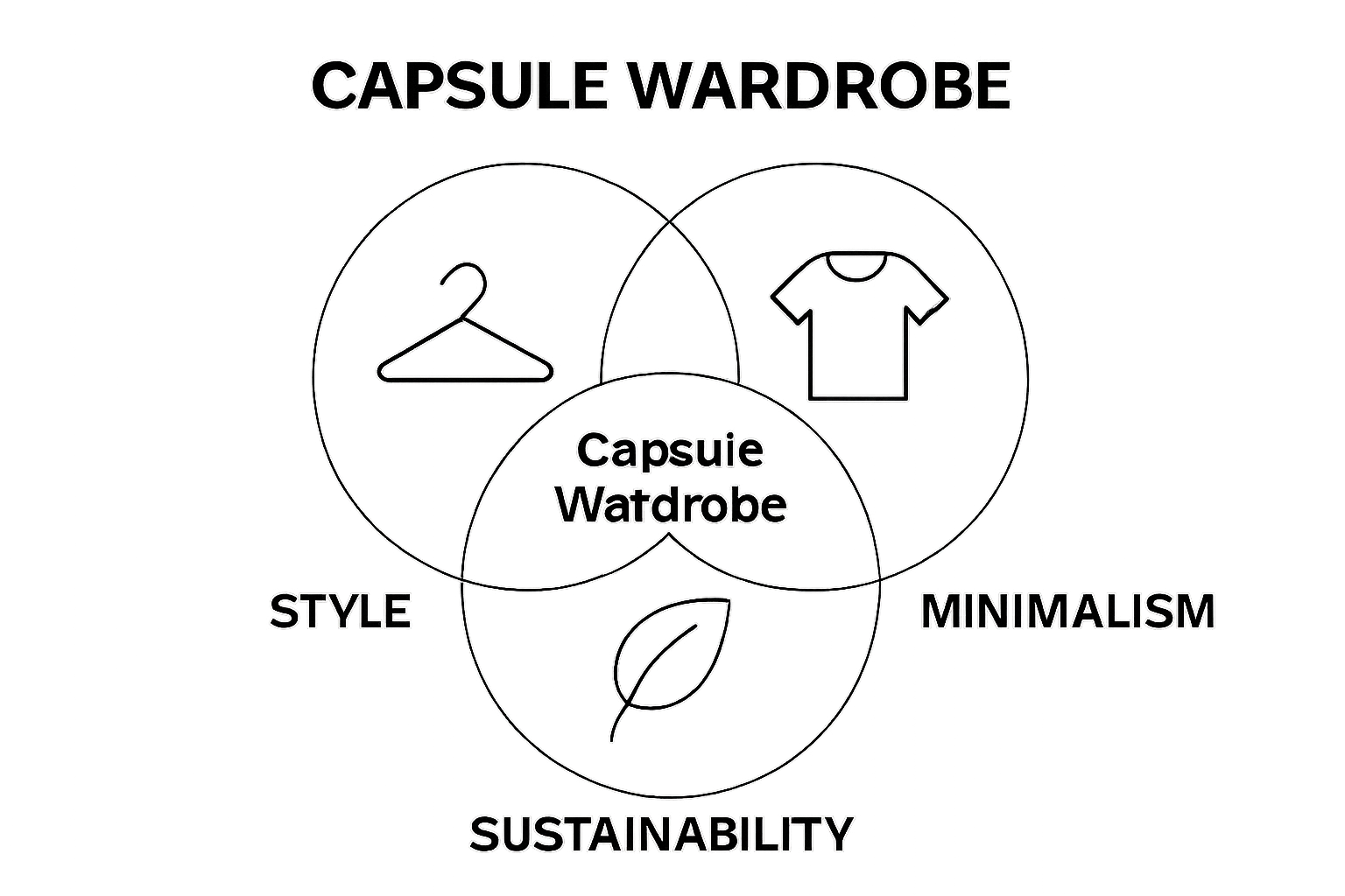 Venn diagram comparing style, sustainability, and minimalism for capsule wardrobes