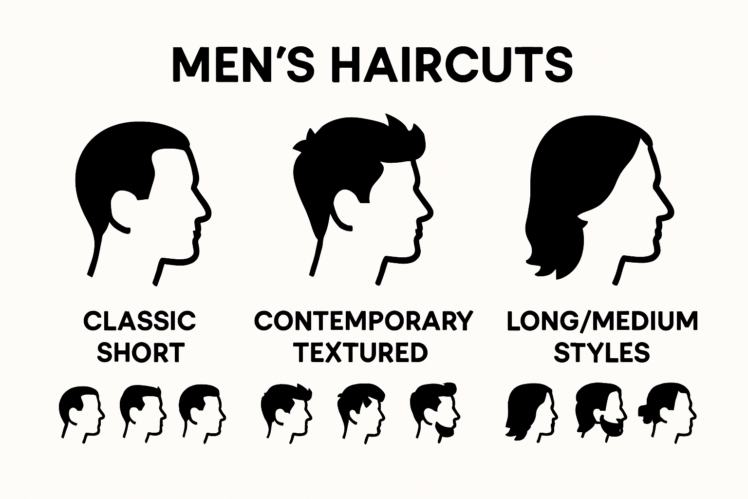 Infographic comparing classic, textured, and long men's haircuts