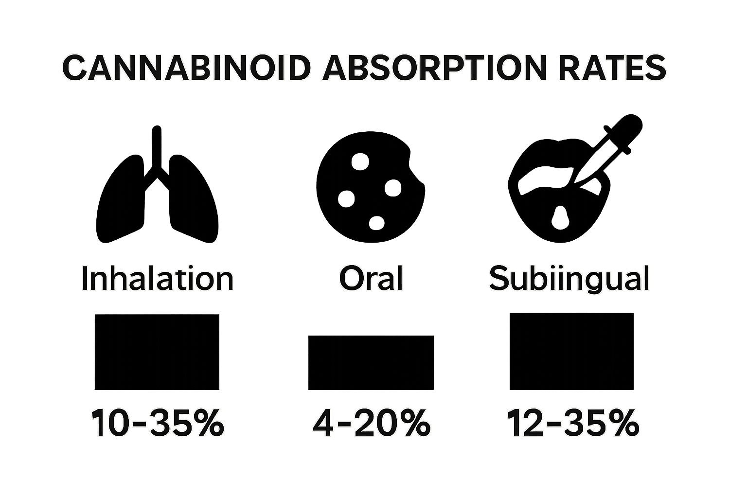 Infographic comparing cannabinoid absorption rates for inhalation, edibles, and sublingual intake methods