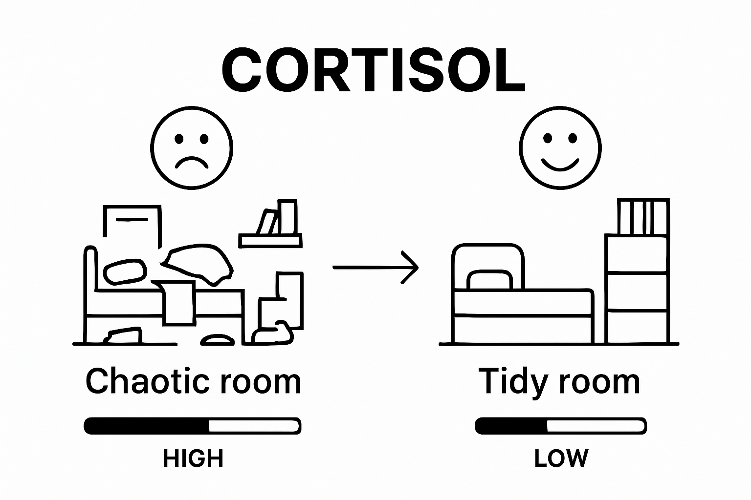 Clutter versus tidy room and stress infographic