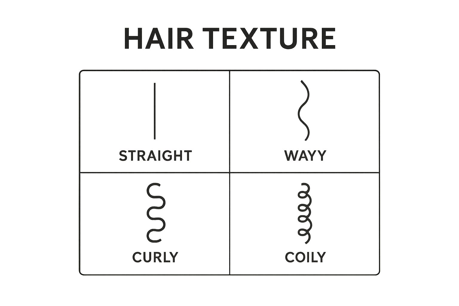 Visual comparison of straight, wavy, curly, and coily hair textures