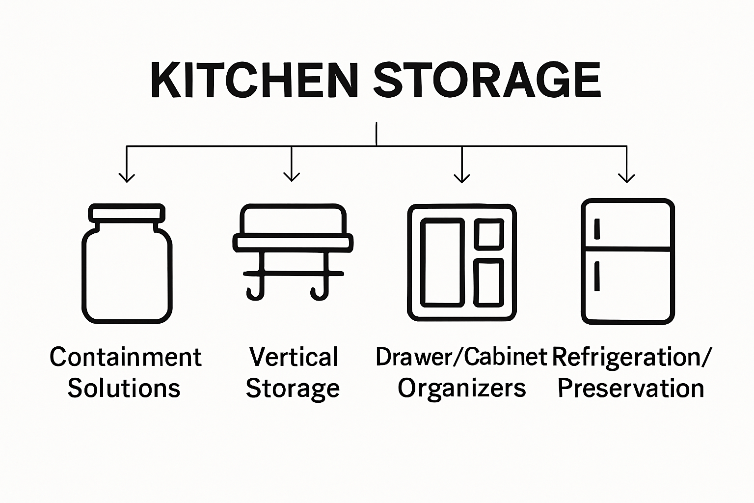 Four kitchen storage essentials categories side-by-side icons