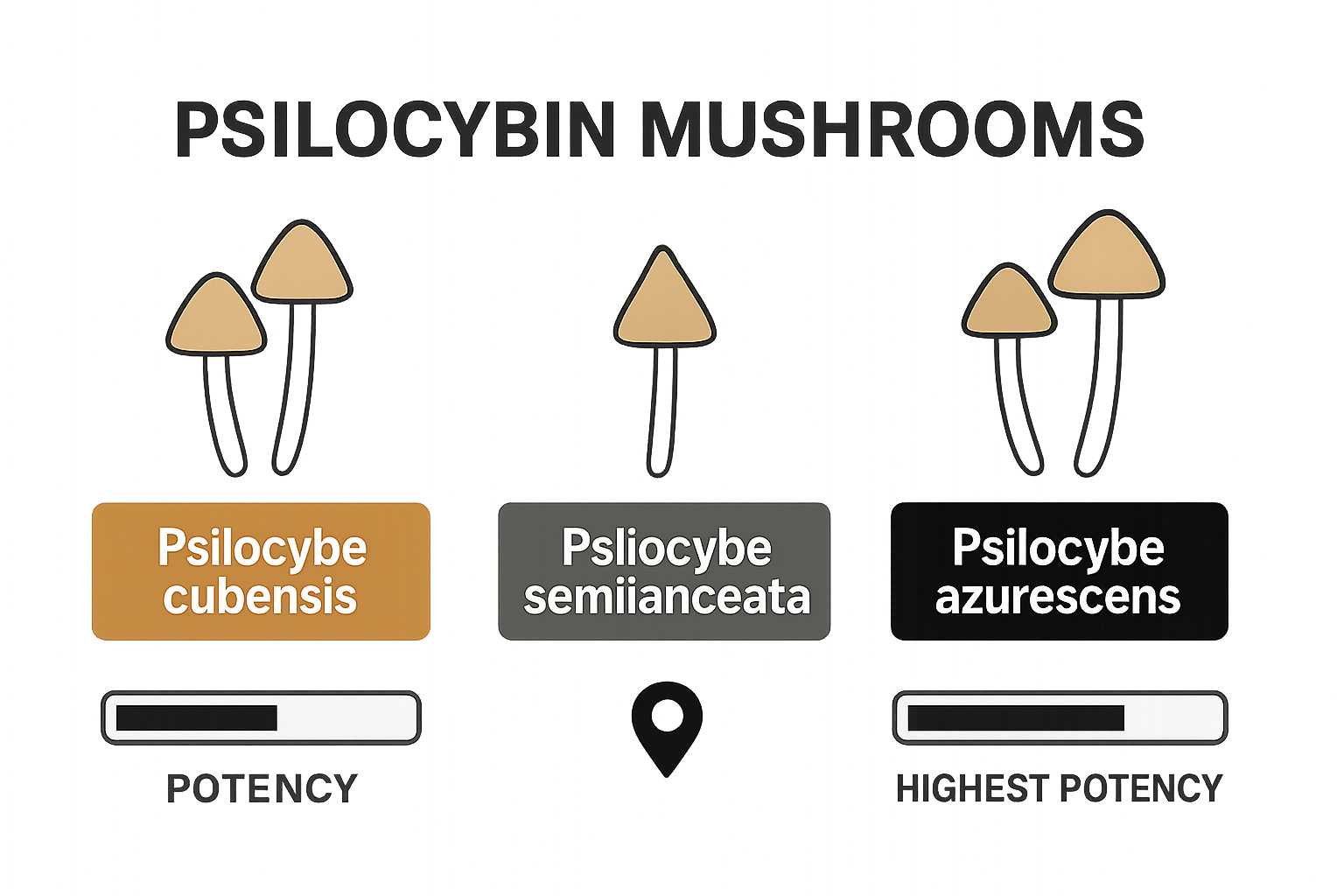 Infographic showing three types of psilocybin mushrooms and their potency differences