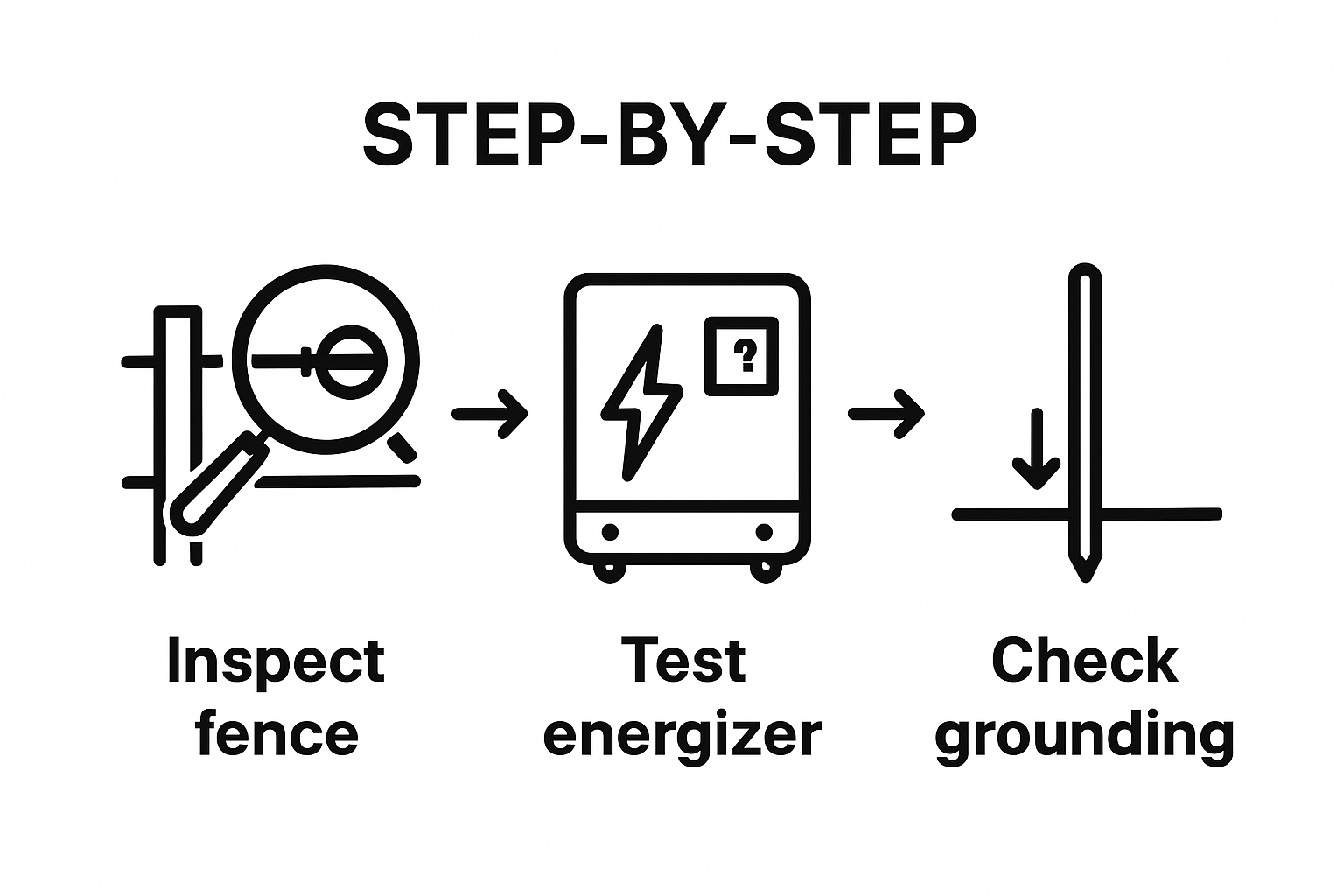 Three-step electric fence troubleshooting icons sequence