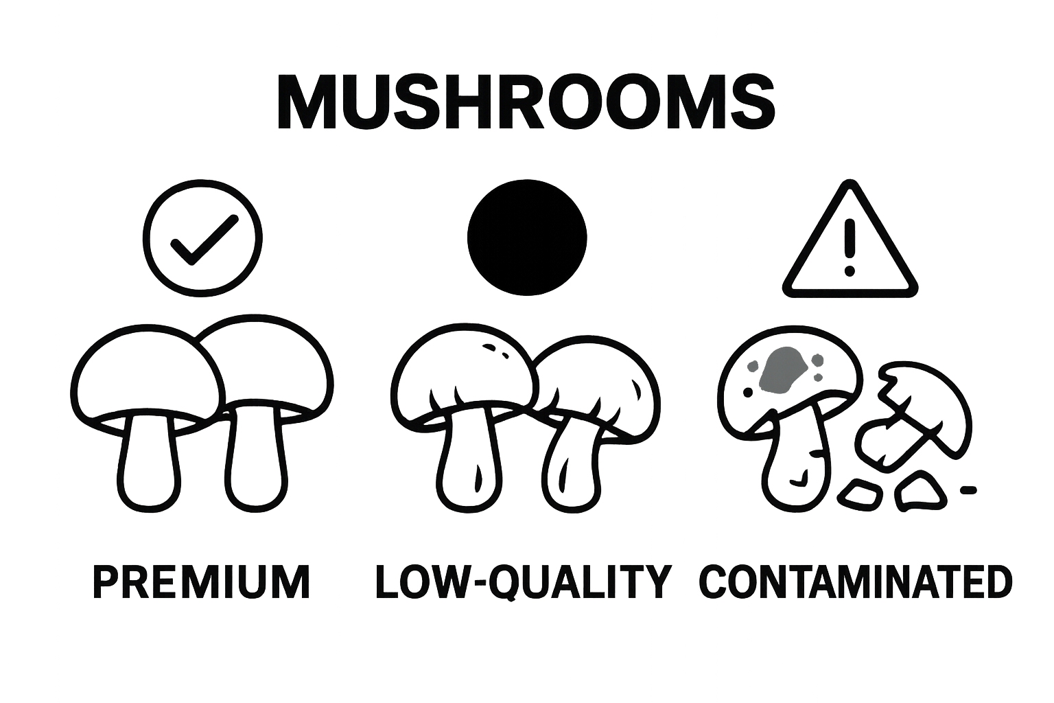 Visual comparison of premium, low-quality, and contaminated magic mushrooms