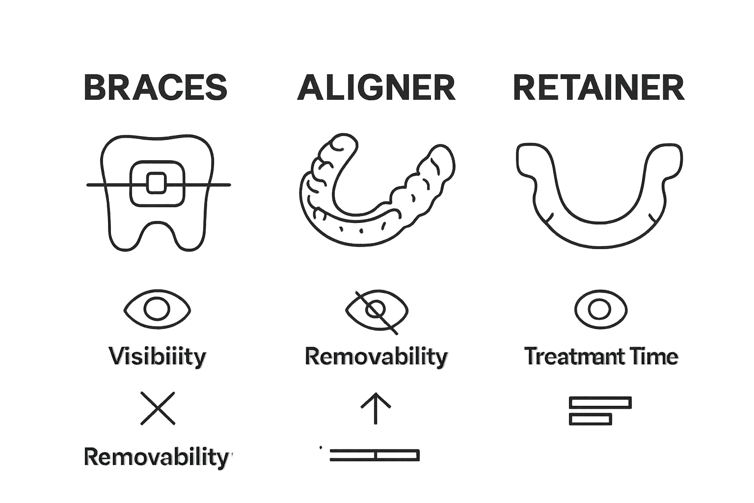 Illustrated comparison of braces, aligners, and retainers