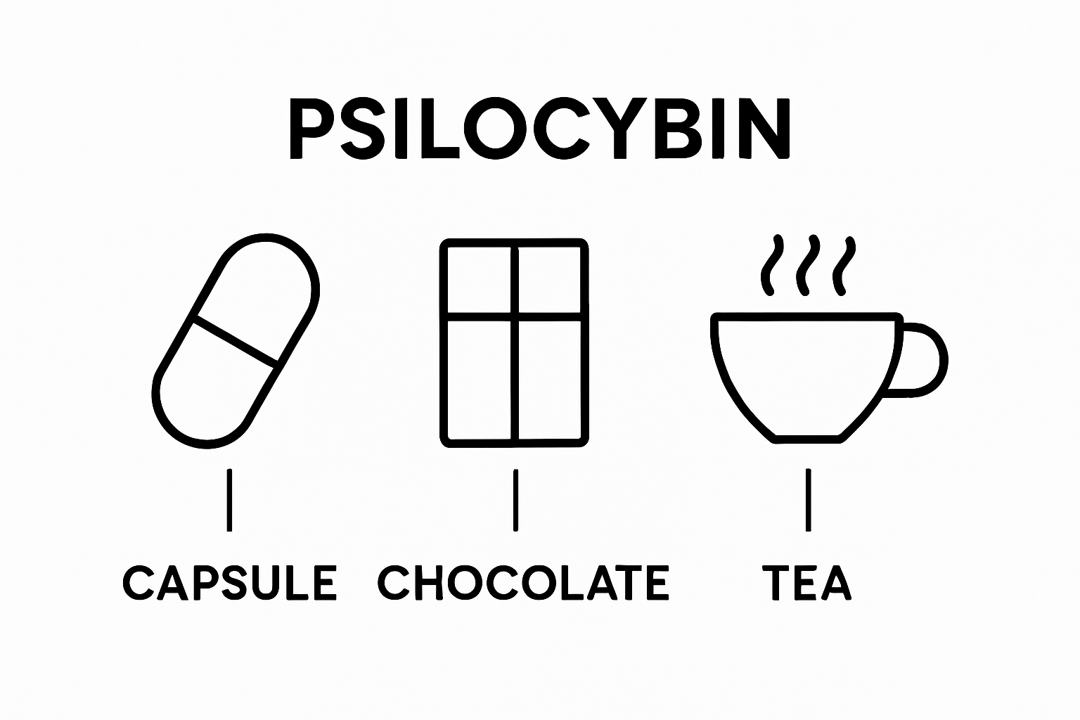 Infographic comparing three psilocybin product formats: capsule, chocolate, and tea.