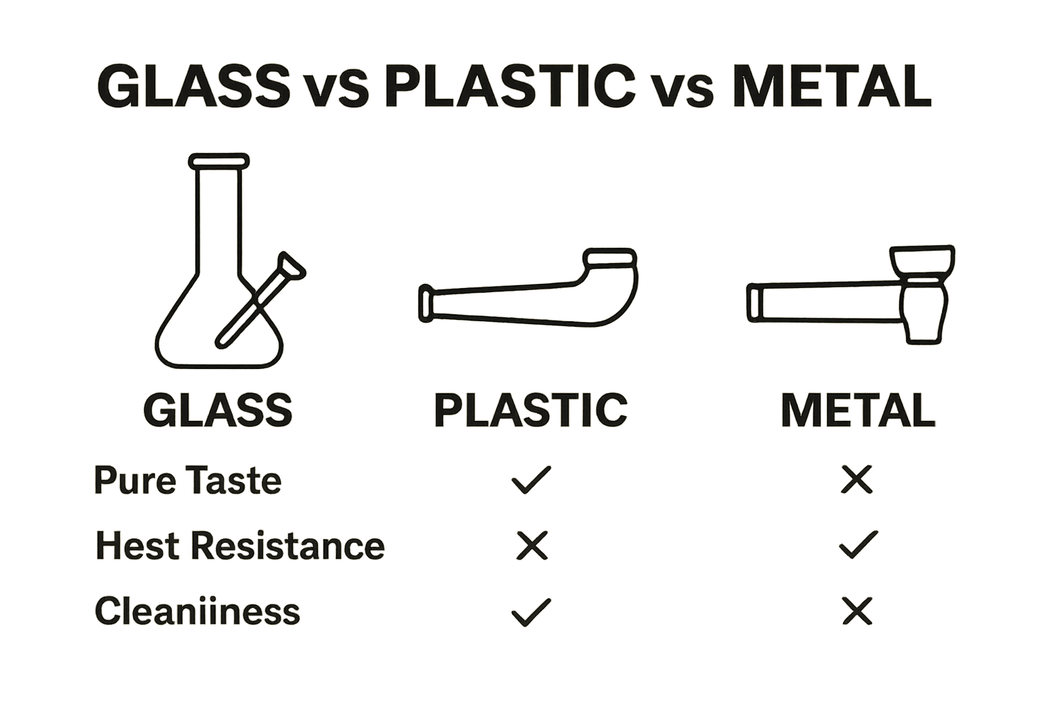 Infographic comparing glass, plastic, and metal smoking materials across taste, heat resistance, and cleanliness.