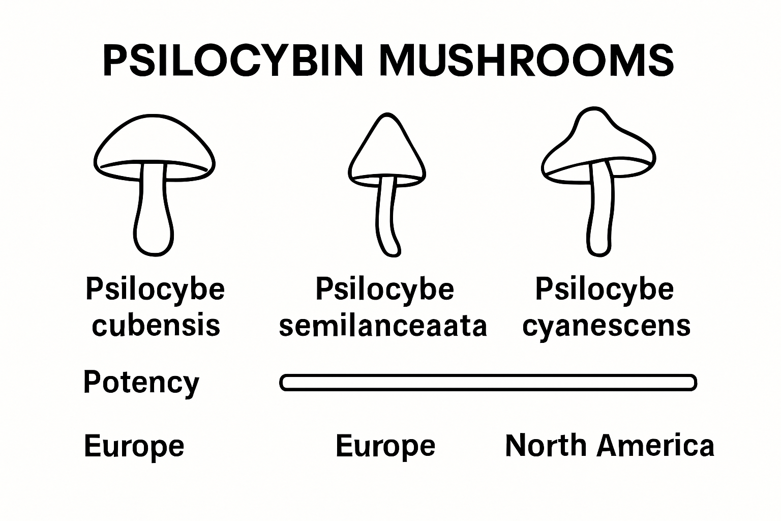 Comparison of three psilocybin mushroom species by potency and region.