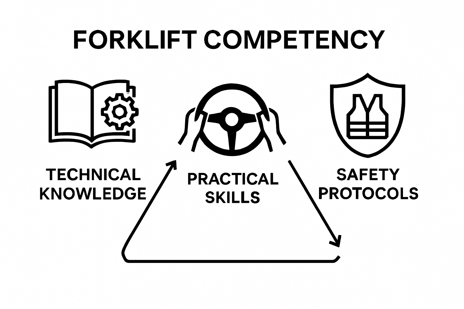 Infographic showing key components of forklift competency: knowledge, skills, and safety