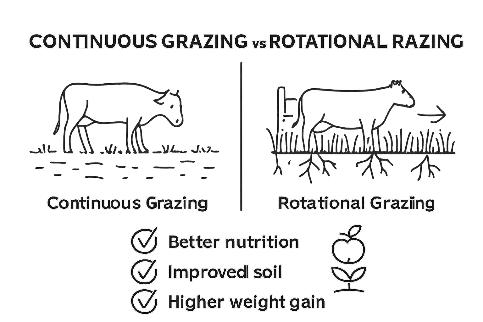Infographic comparing continuous grazing and rotational grazing results