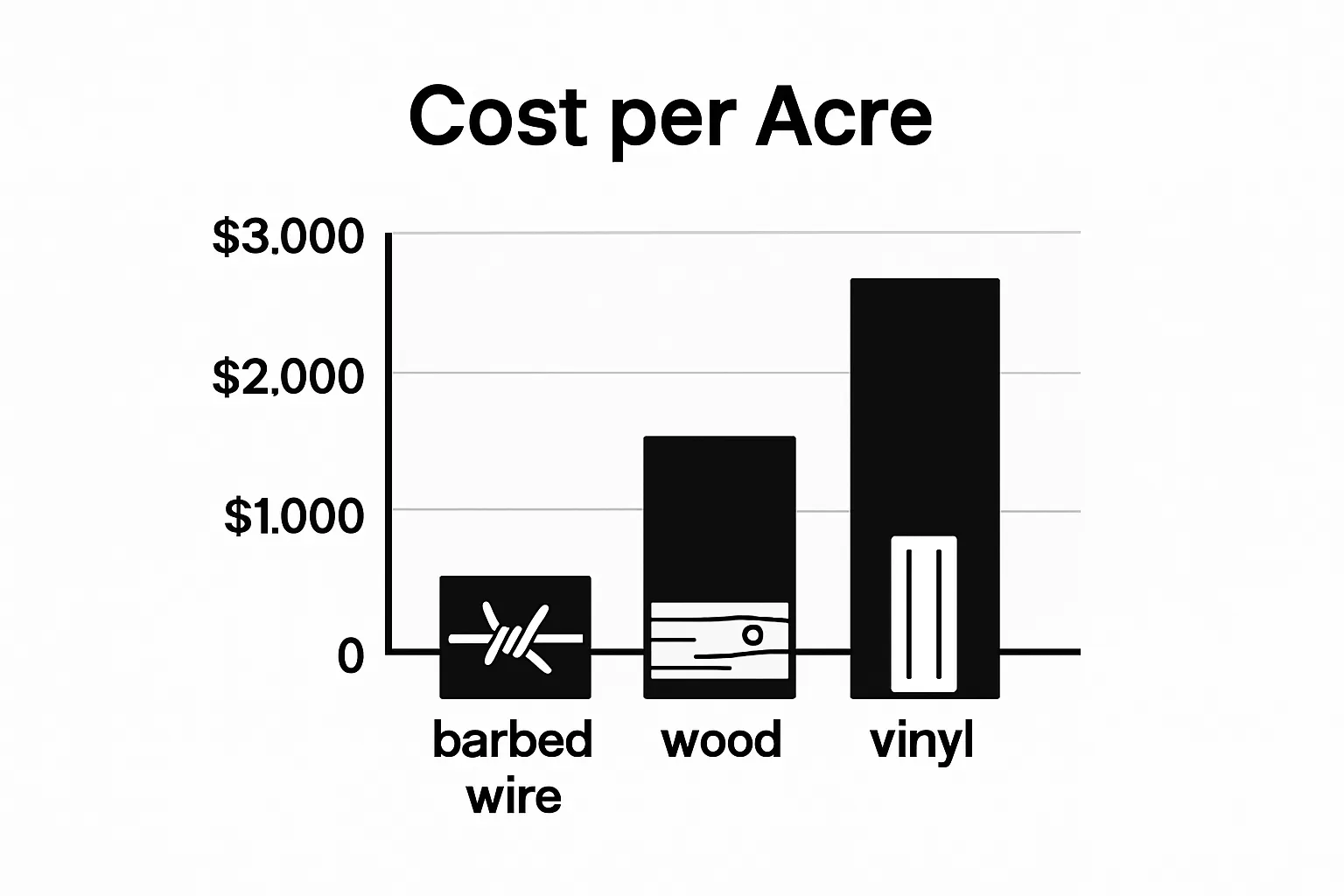 Infographic: simple bar chart comparing cost per acre for fencing materials barbed wire, wood, vinyl