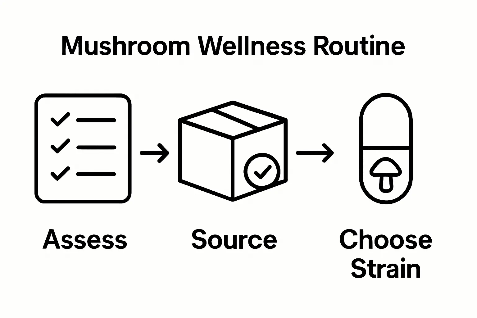 Infographic showing three steps: assess health, source safely, choose mushroom strain.