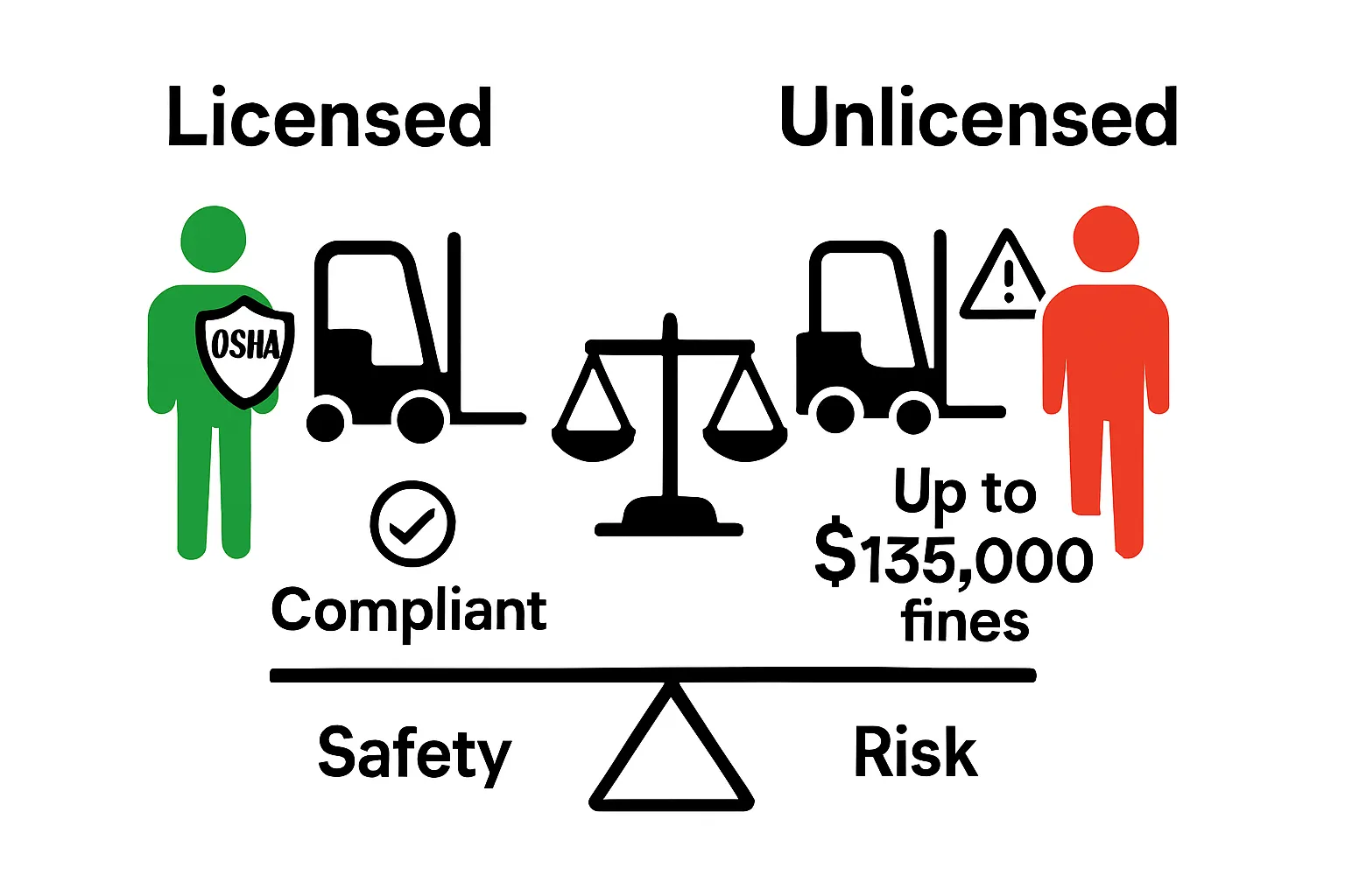 Infographic comparing licensed and unlicensed forklift operators and OSHA fines