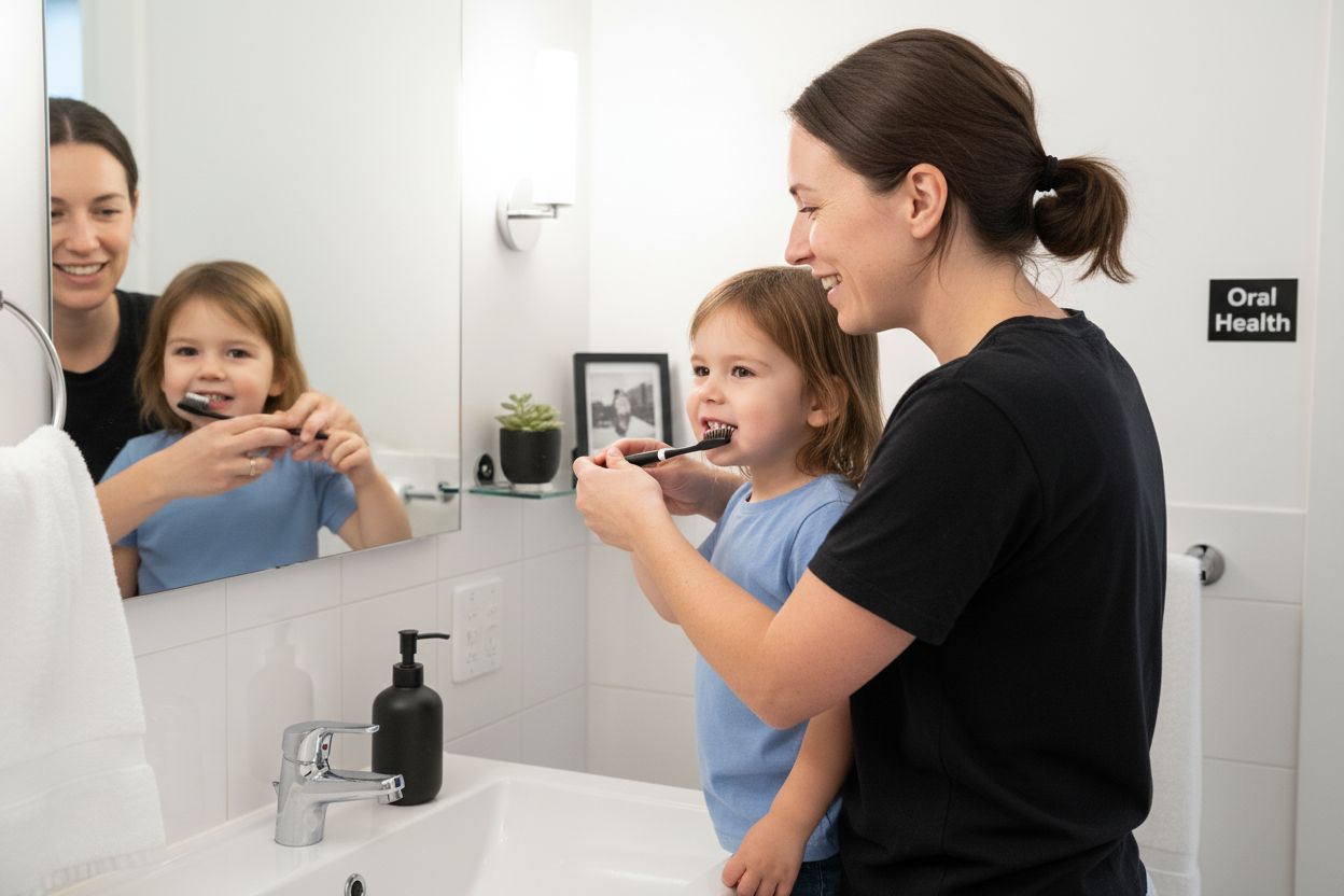 child brushing teeth family