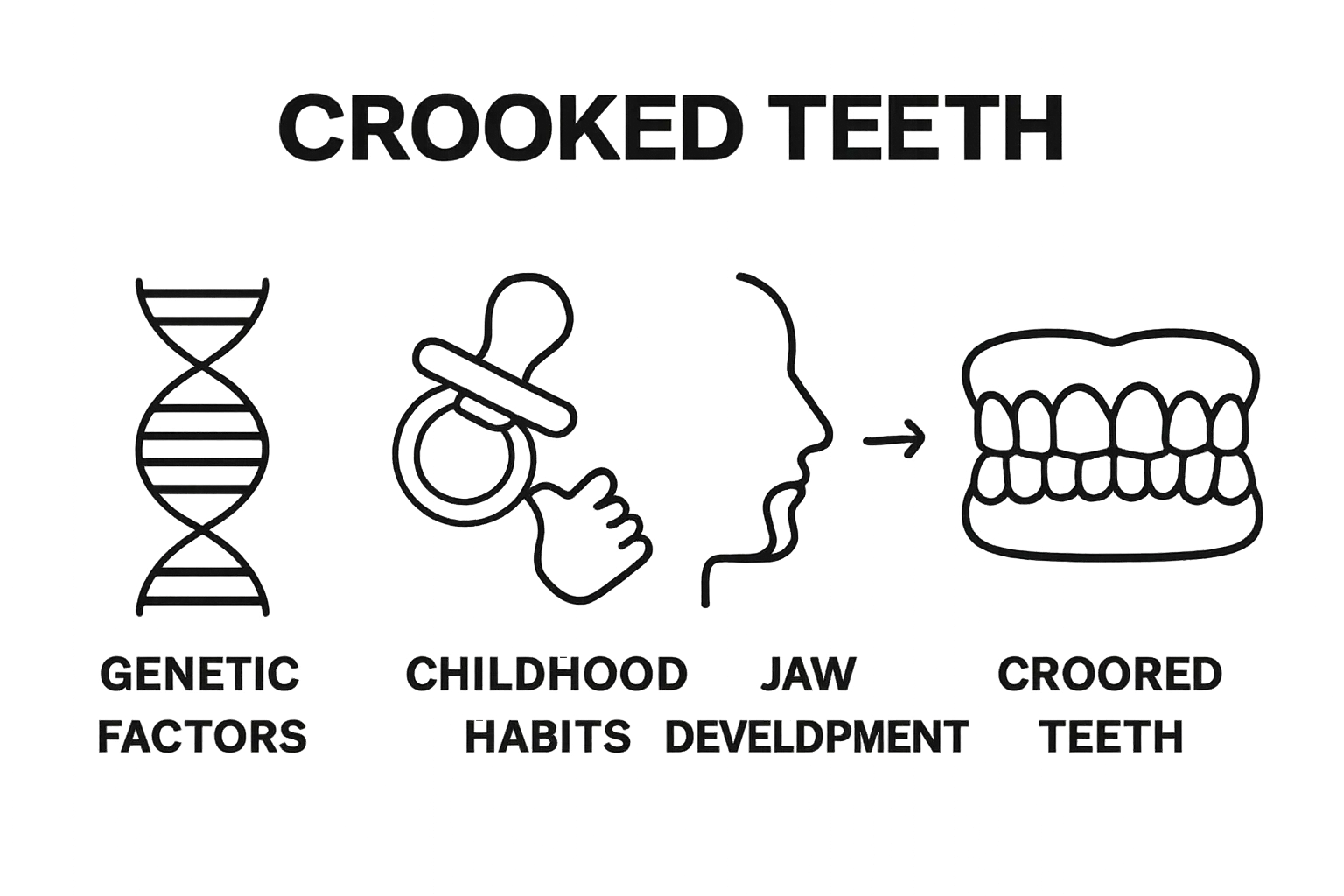 Three icons showing genetics, habits, jaw affecting teeth alignment