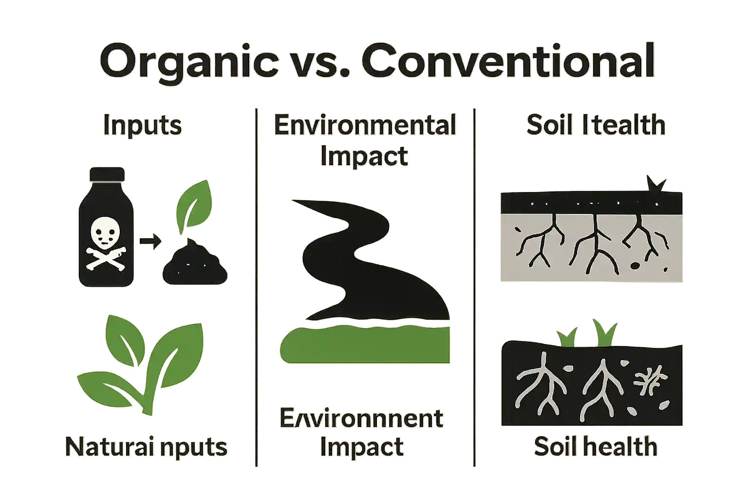 Visual comparison of organic versus conventional farming practices and their core differences