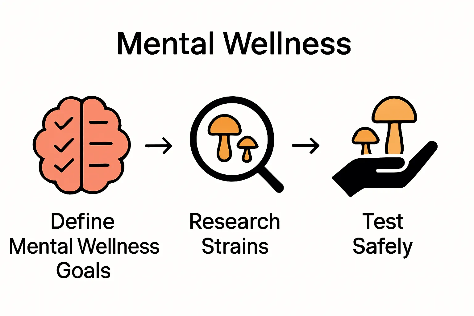 Infographic: three-step process for choosing mushroom strains—goal setting, researching strains, safe testing