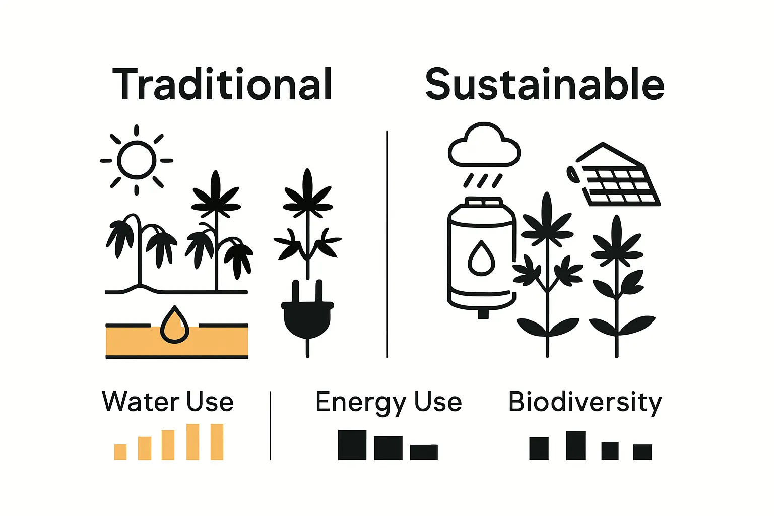 Simple infographic comparing traditional and sustainable cannabis cultivation