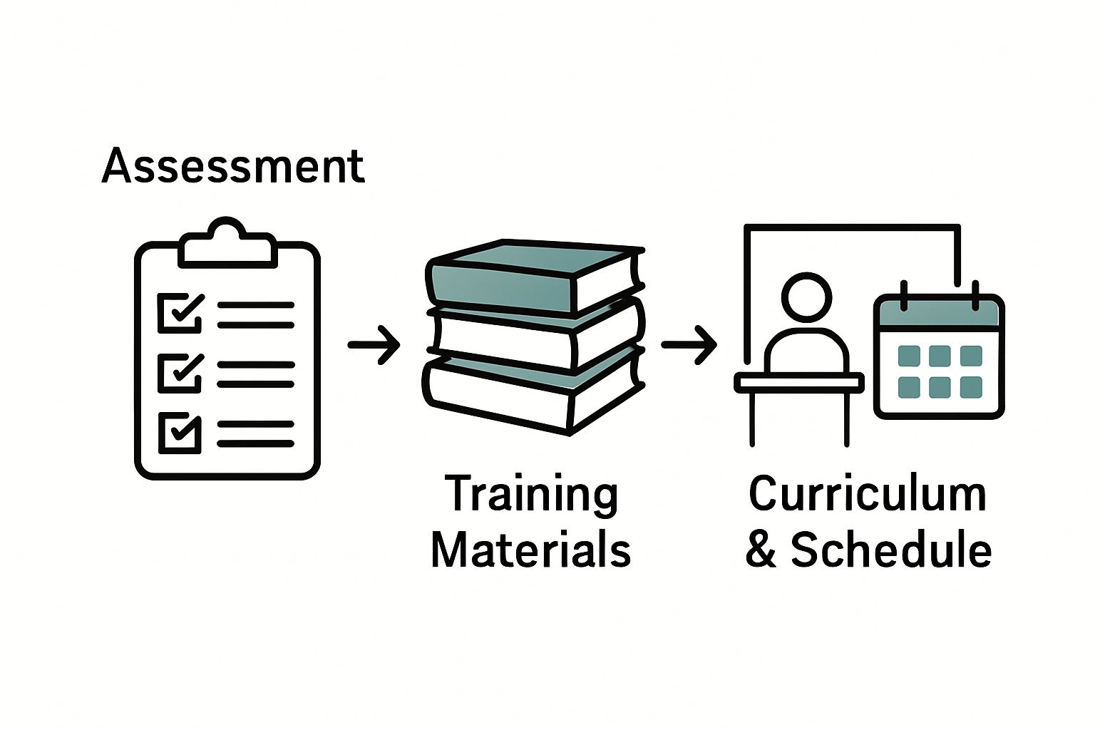 Three-step infographic of the forklift train the trainer process: Assessment, Materials, Curriculum