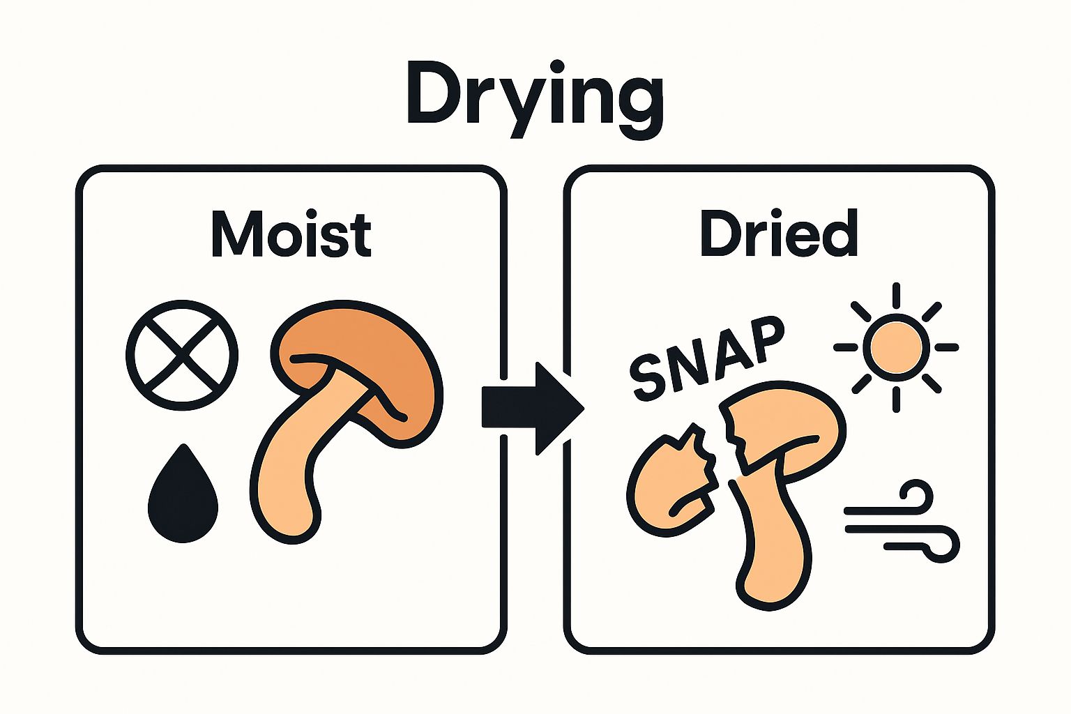 Infographic comparing improperly dried and thoroughly dried magic mushrooms