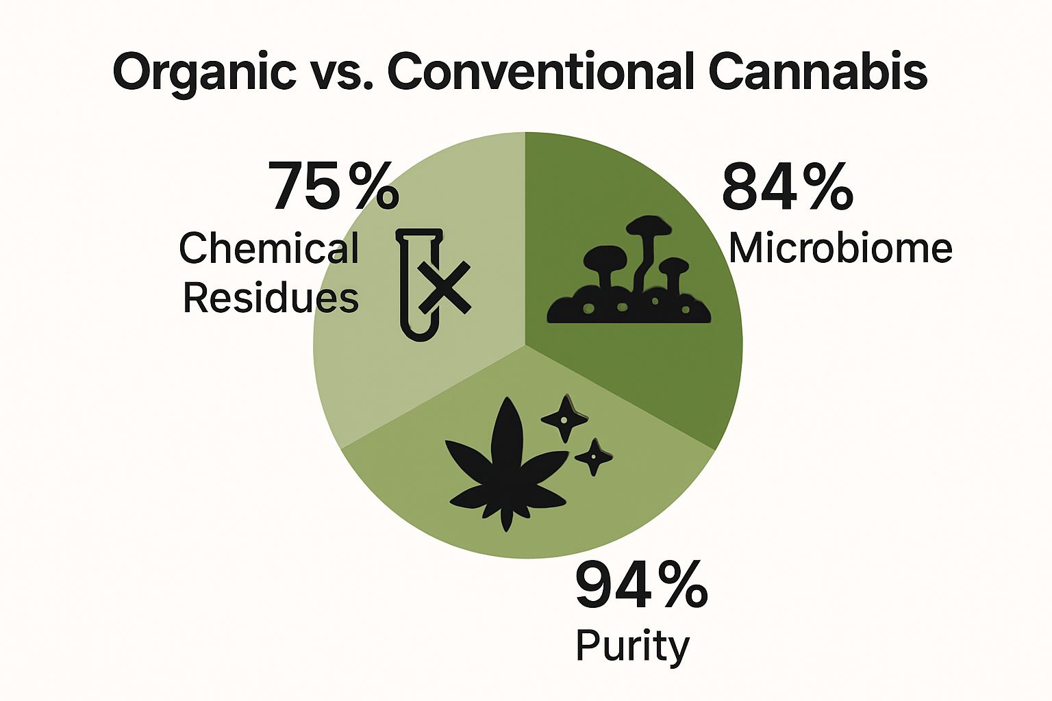 Infographic comparing organic vs conventional cannabis on chemicals, soil, purity