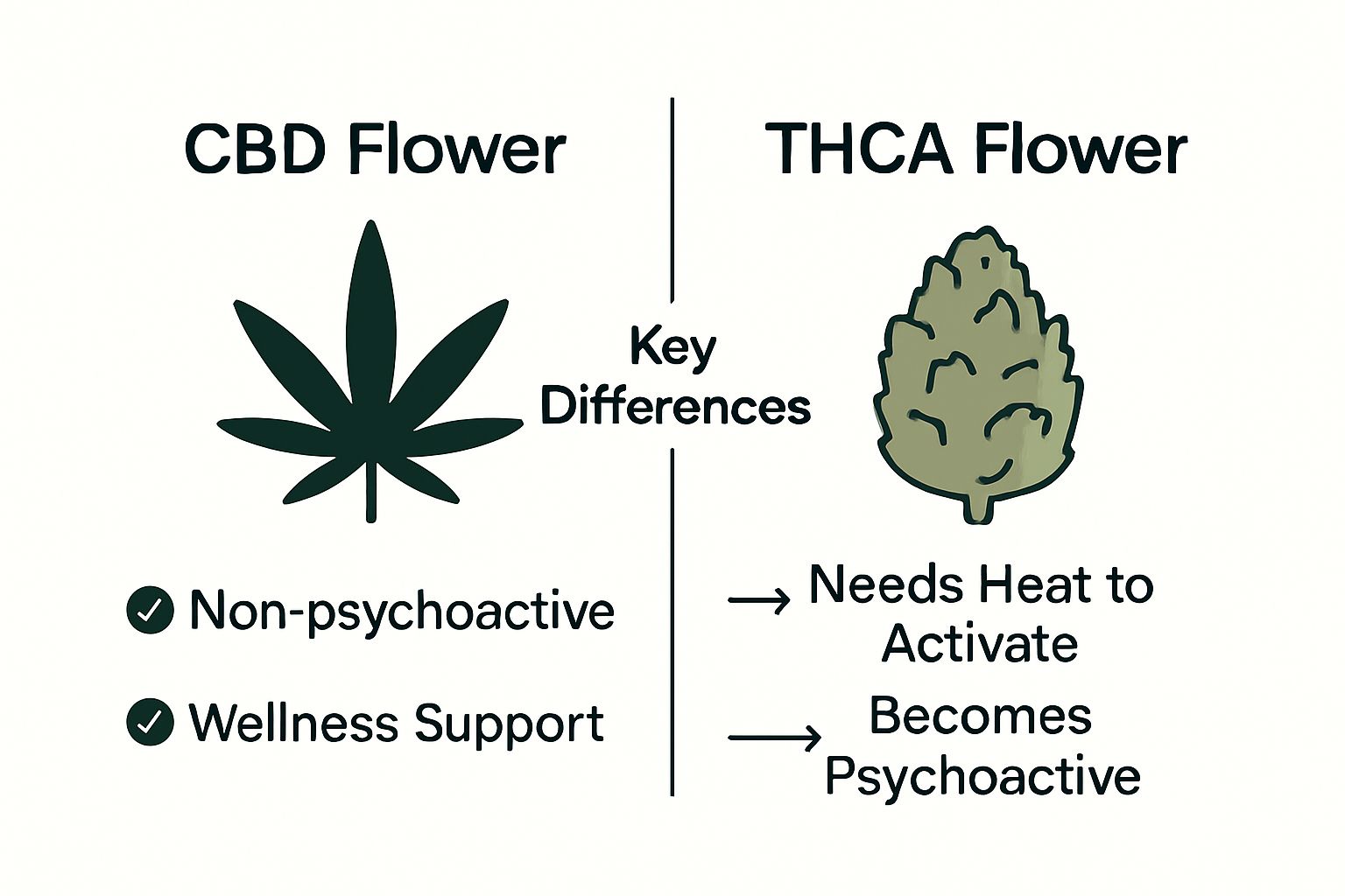 Side-by-side infographic comparing CBD vs THCA flower